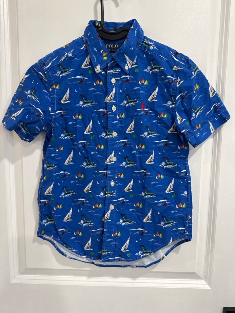 Polo Ralph Lauren Boys 8 Blue Sailboat Print Button Down Shirt Short Sleeve